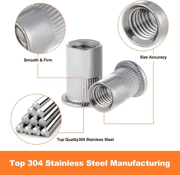 165 STK Naglemutterverktøy i rustfritt stål med flatt gjenget hode (6 typer muttere)