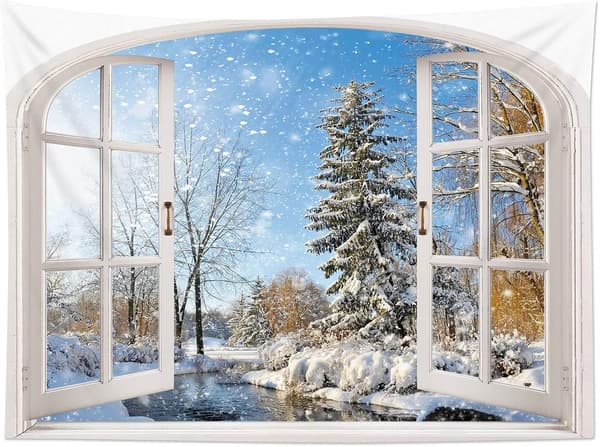 80Wx60H inch Winter Forest Tapestry Wall Hanging Window Outside S