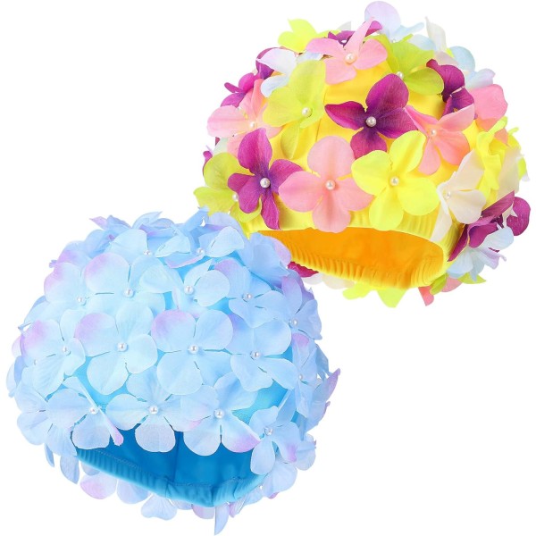 Petal svømmehette for damer: svømmehette med blomster, badehette med blomster, fasjonable badehatt for kvinner for fletter og dreadlocks (farge og blå)