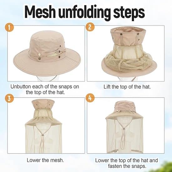 Mosquito Head Net - Mosquito Hat - Insect Net Hat - Beekeeper Hat - Portable Mosquito Net Hat - Summer Beekeeper Hat for Walking - Khaki - 52x10 cm