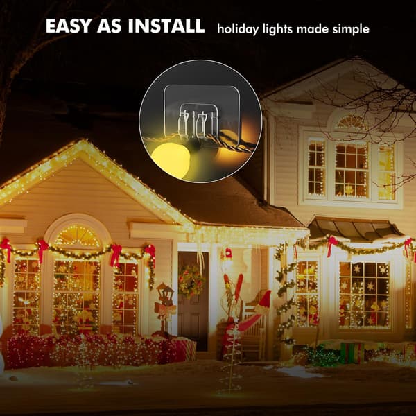 Outdoor String Light Hooks - 100-Pack with Adhesive Strips - No Damage, No Tools, No Holes, Waterproof and UV Resistant, Perfect for Christmas
