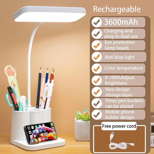 Table Lamp Three-Color Eye Protection 3 Speeds Dimmable USB Rechargeable Night Light Leather Table Lamp Bedroom Desk