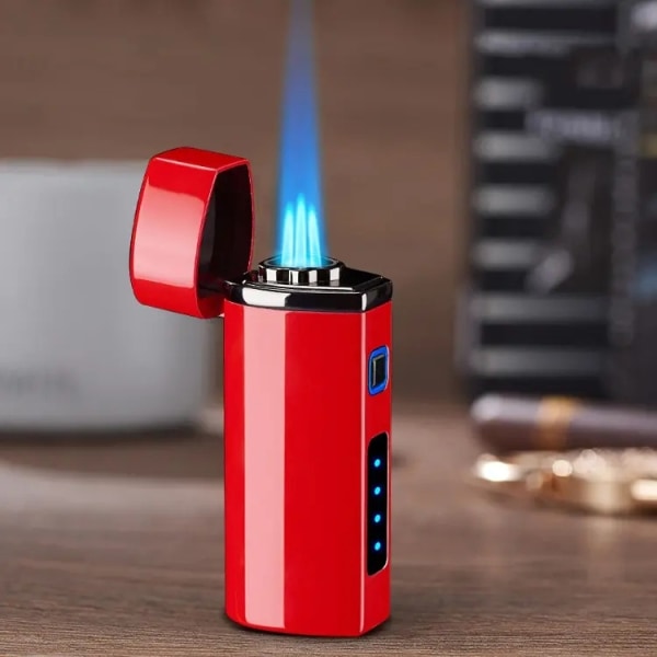 Sähkösytytin USB latauskaapelilla Triple Jet Flame Uudelleentäytettävä butaani Kolminkertainen taskulamppu säädettävä tuulenpitävä punainen