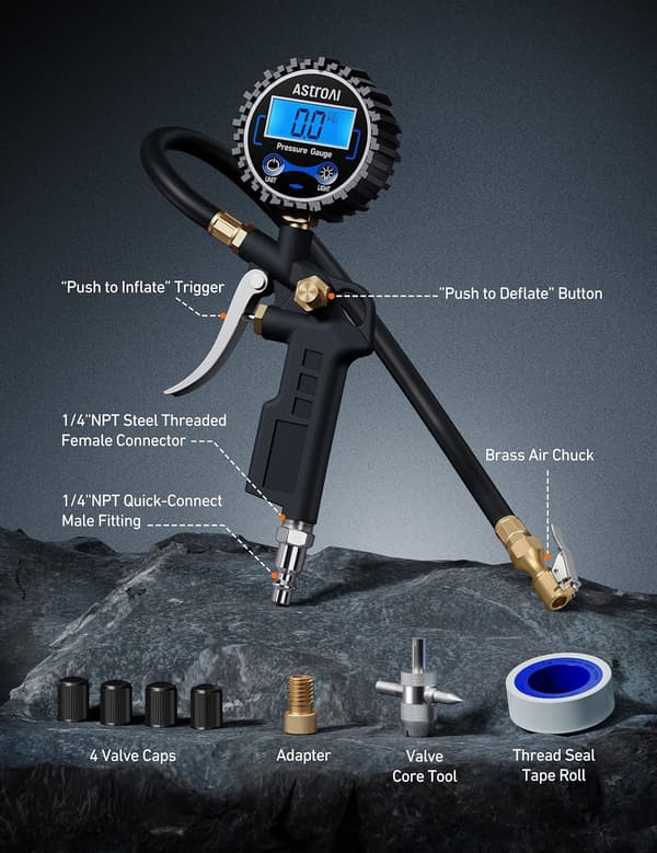 Digital Tire Pressure Gauge with Inflator, Air Chuck and Compressor Accessories, Heavy Duty, with Quick Connect, 0.1 Display Resolution