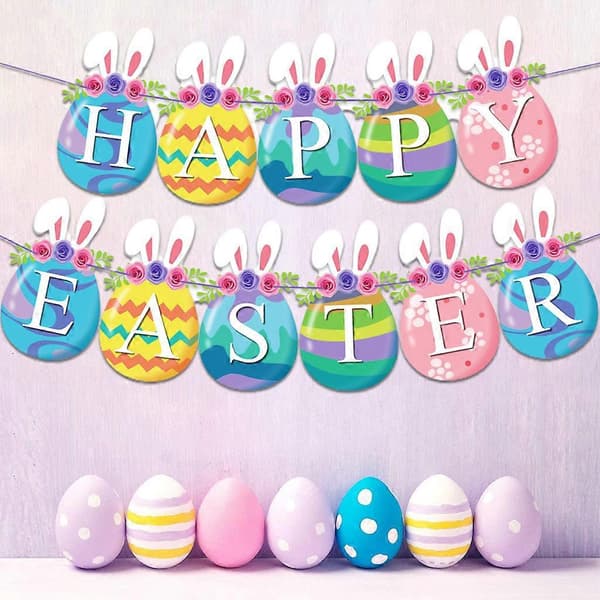 Happy Easter Banner for Fireplace, with Cute Rabbit Patterns, Paper Party Decoration