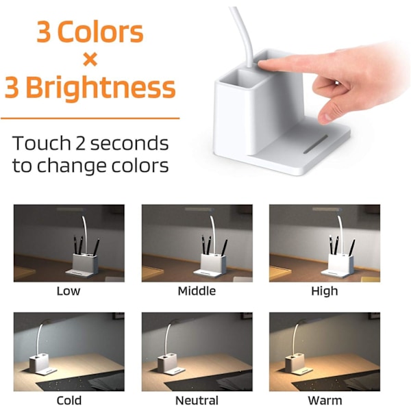 LED-bordlampe med penneholder, skrivebordslampe til computer/desktop - Hvid, genopladelig, øjenvenlig, fleksibel svanehals - Natbordlampe til læsning