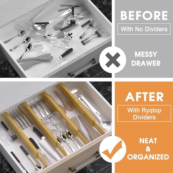 Bamboo Kitchen Drawer Dividers (4-Pack), Large Adjustable Dividers, Spring-Loaded Cutlery Organizer.