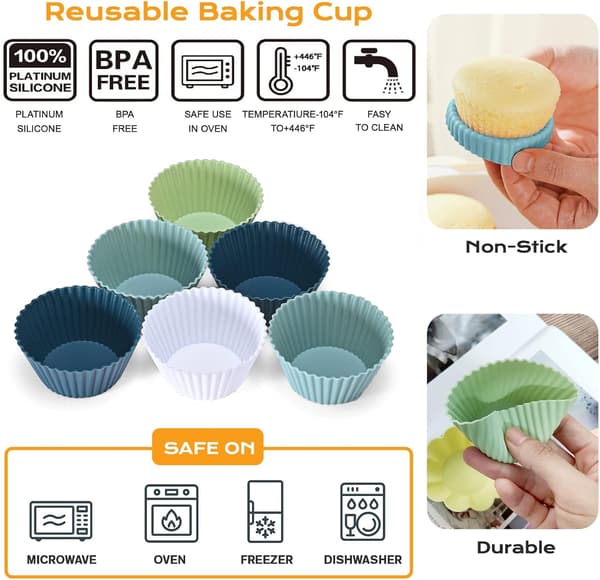 24-pak Silikone Muffin Bageforme Sæt - BPA-fri Silikone Muffin- og Cupcakeforme - Genanvendelige Non-Stick Cupcakeforme til Kager, Creme og Budding