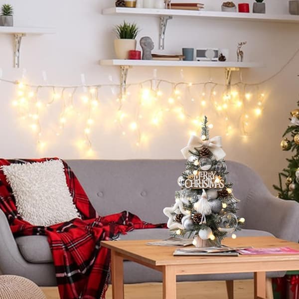 Artificial Christmas Tree with Snow and Lights - Small Desktop Tree for Home and Office Decoration - 45 cm Festive Craft Decor