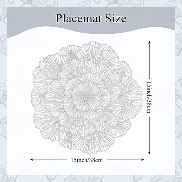 Round Silver Placemats Set of 4, Floral Vinyl Table Mats, Table Setting, Kitchen Placemats for Dining Table, Holiday, Wedding, Decorative
