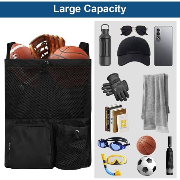 Drawstring Bag - 1 Piece - Waterproof Polyester - Multiple Zipper Pockets - Sports, Travel, Beach, Pool - Black 40x50cm