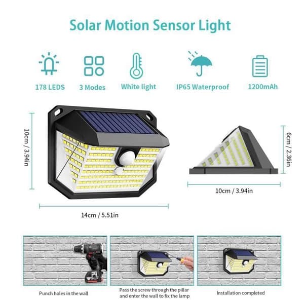 Utendørs solcellelampe - QINGQUE - 178 LED-lys - Bevegelsessensor - 3 moduser - IP65 vanntett