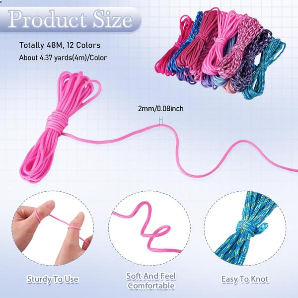 12 stk 48m polyester perlesnor 2mm fargerik spandex