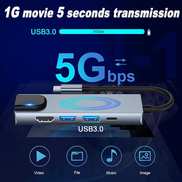 USB-C Hub Multiport -sovitin, 5-in-1 USB-C -telakointiasema 4K HDMI:llä