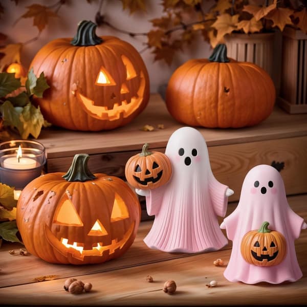 1 pc Halloween Decorations, Spooky Ghost Ornament with Pumpkins, Pink Cute Ghost Statue Sculpture Decoration (12cm) (Style B)