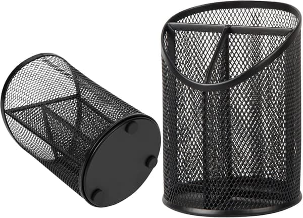 2-delt rund penneholder i mesh til skrivebordet med 3 rum, sort