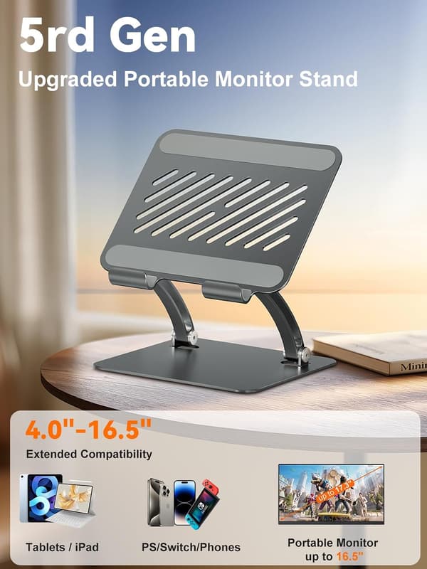 Tablet Holder, Dual Rod Adjustable Aluminum Desk Stand, Compatible with 4.7-16.5 \" iPads, Surface Tablets, Portable (Grey)