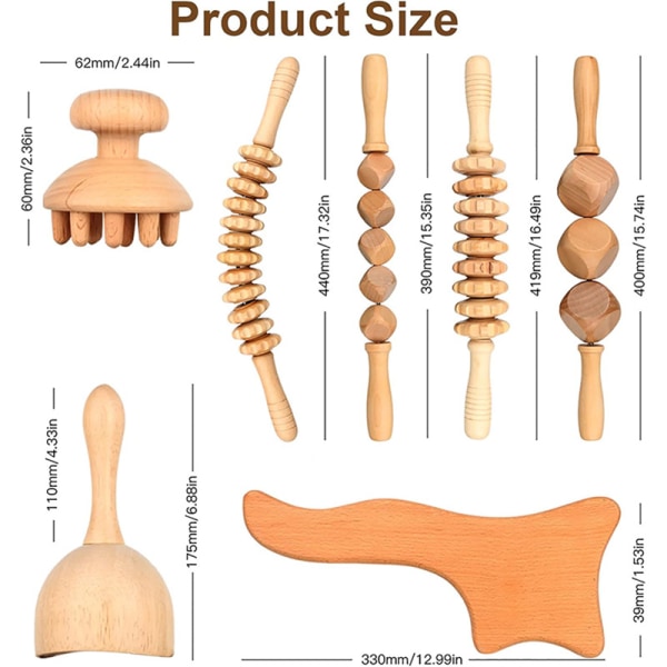 Verktøy 7-i-1 Lymfedrenasje Kit Tre Massasje Kroppsskulpteringsverktøy for Muskelsmerter, Anti-Cellulitt