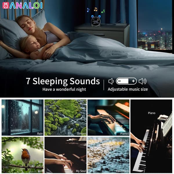 Children's alarm clock with night light, child-friendly alarm clock, bedside clock and sleep training, nap timer, temperature detection.