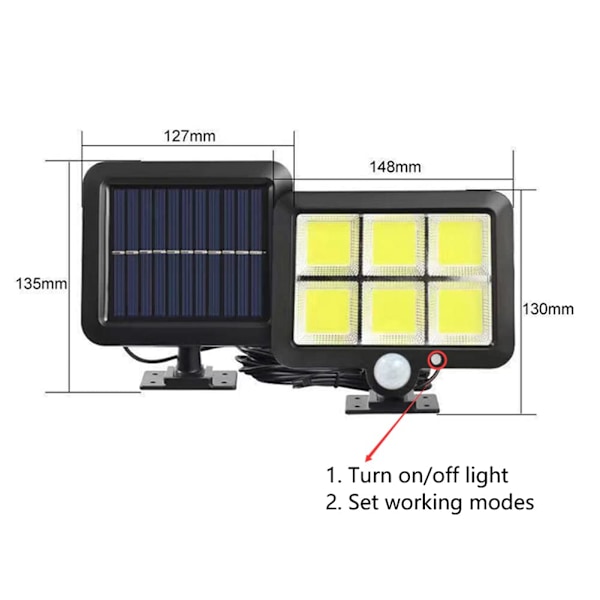 Solcellslampa med rörelsesensor och separat panel, 3 belysningslägen, 120 starka COB-LED, kabel, vattentät solenergi