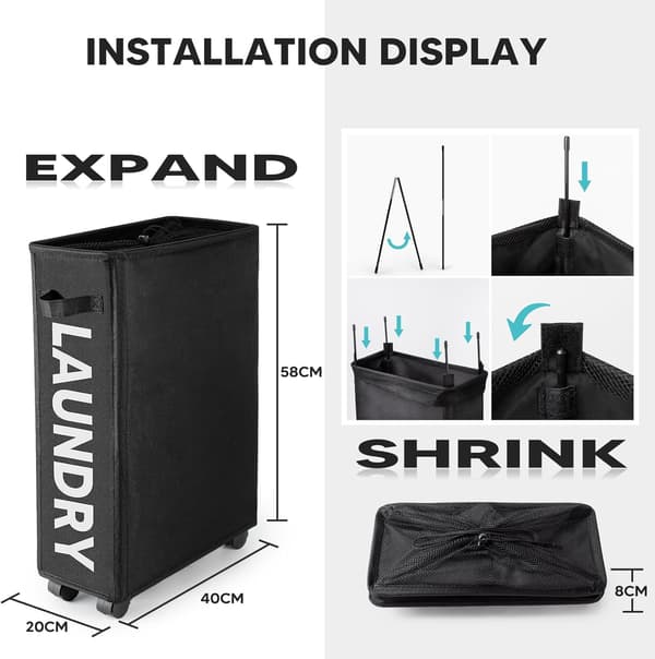 Slim Foldable Laundry Basket with 4 Wheels, Thin and Foldable Laundry Hamper, Oxford Fabric, Small Slim Laundry Basket with Wheels (Black)
