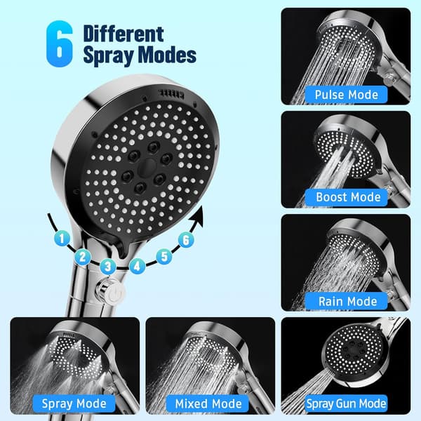 High-Pressure Anti-Limescale Shower Head, Bathroom Shower Head with 6 Spray Patterns (Silver/Chrome)