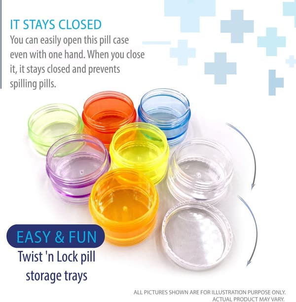 Stackable Pill Box (2-pack), 7-Day Weekly Pill Box Tower with Twist-Lock Compartments, BPA-Free, Travel Medicine Container and Vitamin Dispenser, Com