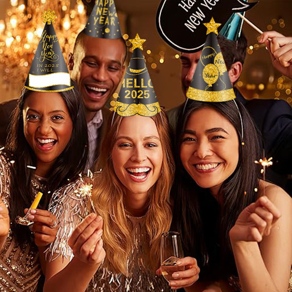 12 stk. 2025 Happy New Year Hatte til Nytårsaften Fest Fødselsdagsfest Fotorekvisitter Forbrugsvarer (29*20 cm)