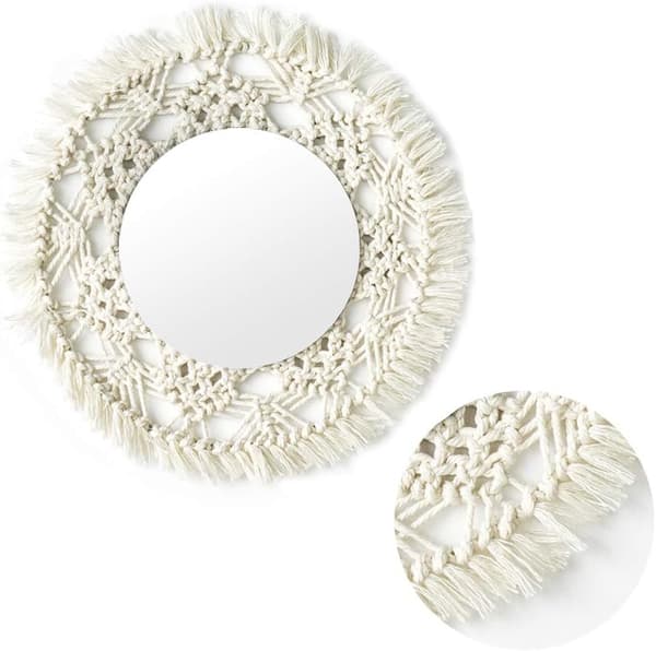 Set med 2 handgjorda macramé-väggspeglar med rund frans