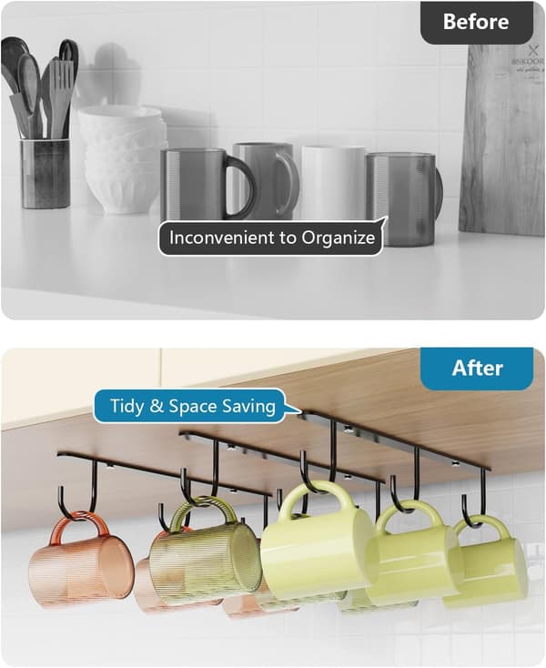 3 Cup Hooks Under Cabinet, Coffee Mug Rack Hanging Under Shelf, 9-Hook Cup Holder for Displaying Mugs Coffee Cups Kitchen Utensils - Black