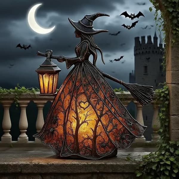 Halloween Witch Lamp - Witch Figurine Table Lamp - Spooky Decorative Lighting for Halloween Party Decor