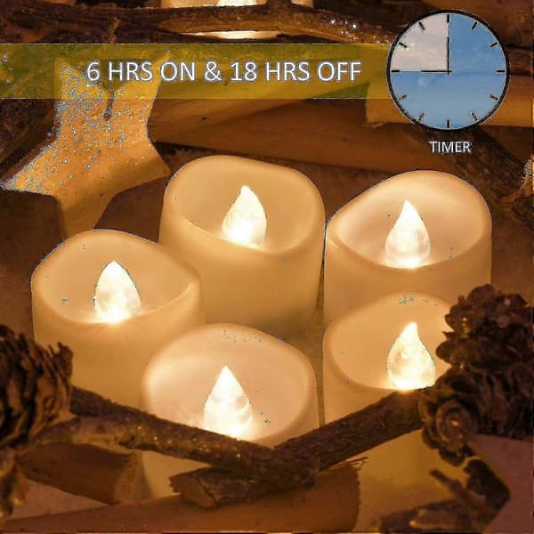 12-pack LED tea lights with timer, electric flickering candles, flameless, automatic 6 hours on
