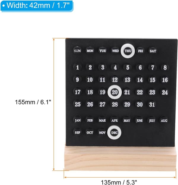 Evighetskalender i tre med akrylstativ, som viser måned, ukedag og dato.