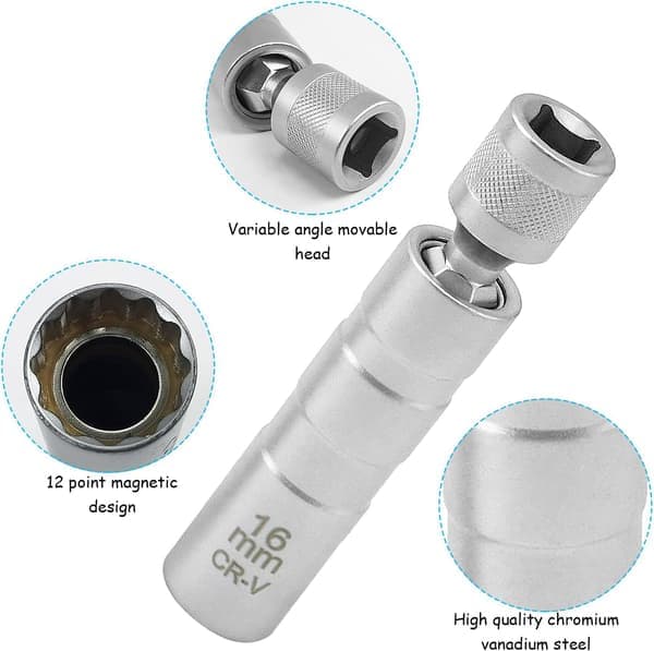 2-pak magnetisk tændrørsnøgle 16mm/14mm lang, tændrørsfjerner, 3/8\" -10mm fleksibel