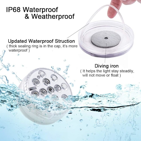 Undervandslys, LED-undervandslys Poolbelysning Magnetisk vandtæt lampe med fjernbetjening, IP68, 13 LED farveskiftende LED-undervands
