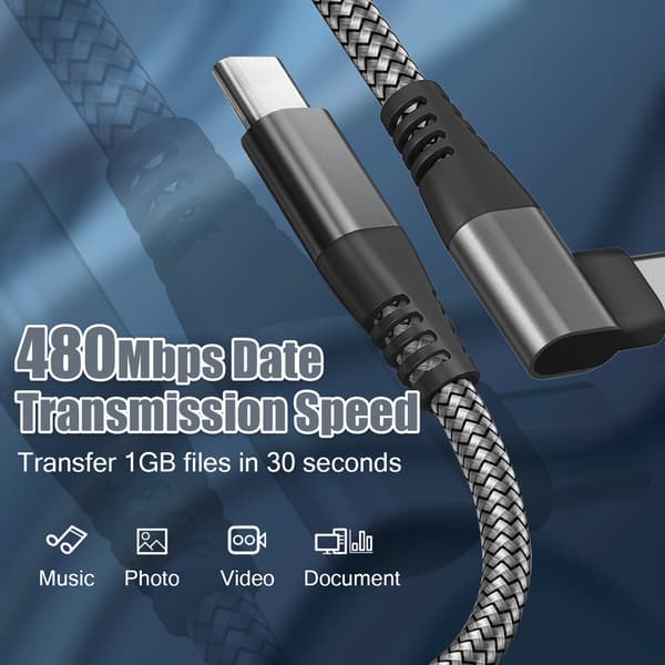 USB-C Charger with Angled Connector 60 W PD Fast Charging Black 1 m Black Black 1 m