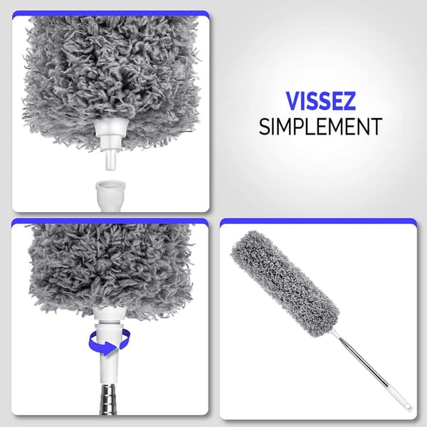 Telescopic Duster - Set of 2 Microfiber Tops - Long Extendable Stainless Steel Duster - Washable Duster for Cleaning Windows, Radiators,