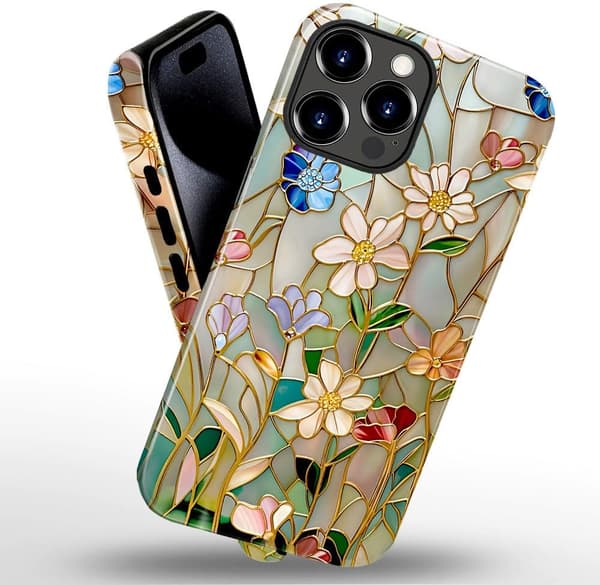 Etui til iPhone 16 Pro Max, passer til skinnende etui-design til piger og kvinder, farvet blomstret glasmaleri