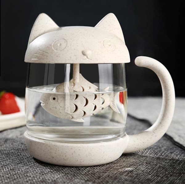 Søt Katte Glasskopp Te Kopp Med Fiske Te Infuser Sil Filter