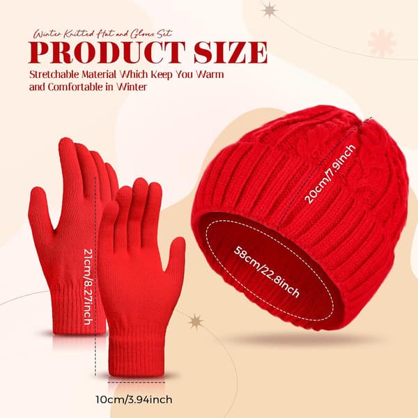 Vinterhue Handsker Sæt Strikket Fleece Blødt Foret Rød Red