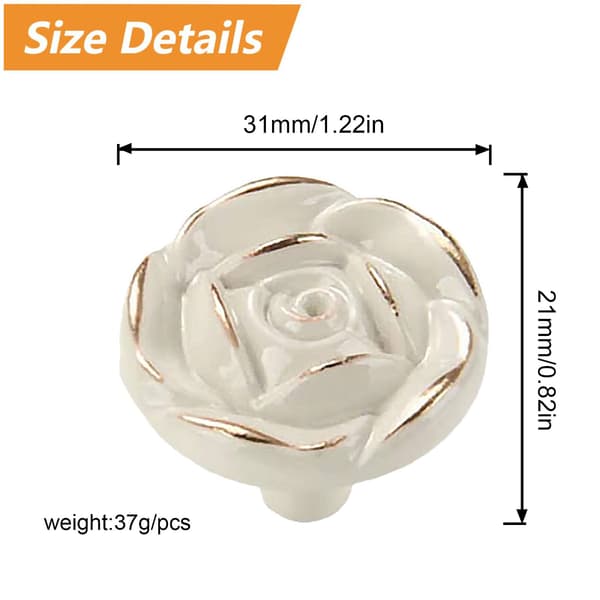 Antique Rose Cabinet Knobs Zinc Alloy Ivory White Pull Handles with Mounting Screws (Gold Edge)