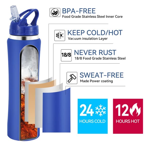 600 ml Stainless Steel Water Bottle with Straw, Double Wall Drink Bottles Leak Proof Keep Drinks Hot Cold (Black)