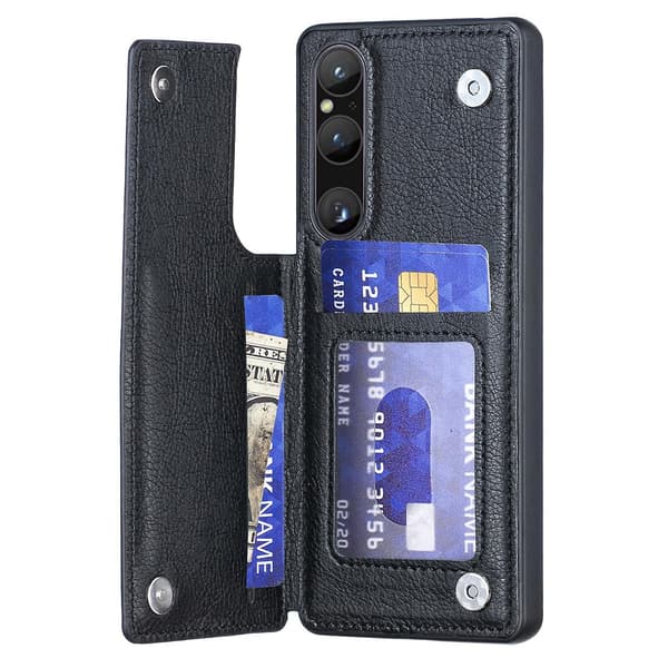 Sony Xperia 1 V Kickstand PU-nahkapäällysteinen TPU-kotelo korttipaikalla - Musta