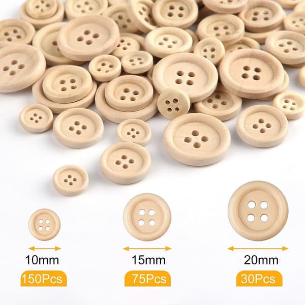 255 pcs Wooden Buttons Mixed Size Natural Wood Round Shape Button