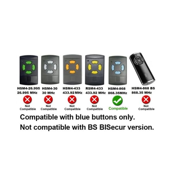 868 MHz Remote Control, Compatible with Wireless Garage Door Opener HSM2, HSM4 HSE2 868