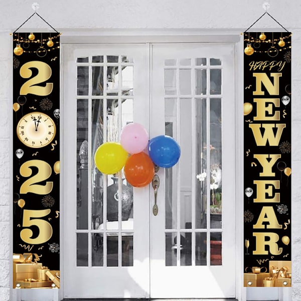 Sort Happy New Year Dørbanner 2025 Happy New Year Eve Veranda Skilt Nedtælling Hængende Hjemmefest Tilbehør