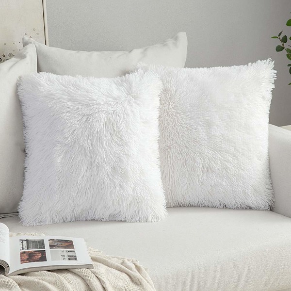 Set med 2 dekorativa prydnadskuddar 18x18, Ren vit fluffig kuddfodral Ny lyxig fuskpäls fyrkantiga soffkuddar