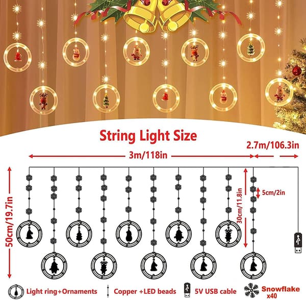LED Christmas Tree Lights, 3m, 120 LEDs, 8 Modes, Christmas Window Lights with Remote Control/Timer, USB, IP44, Perfect for Christmas Decoration