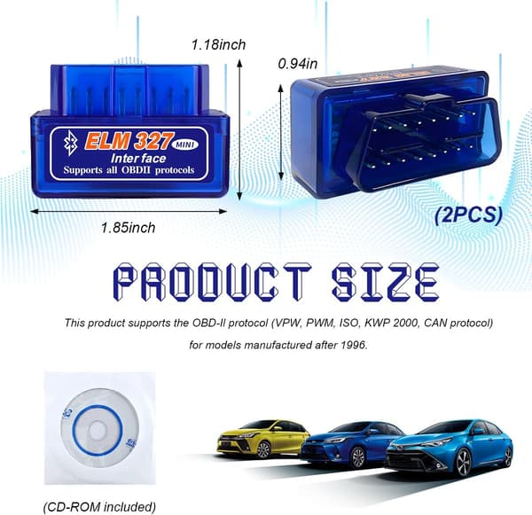 2 STK ELM327 OBDⅡ Bildiagnoseskanner, Mini OBDII Profesjonelt Bluetooth Skanningsverktøy og Kodeavleser, Trådløst Grensesnitt OBD2 for Android iOS 2PCS