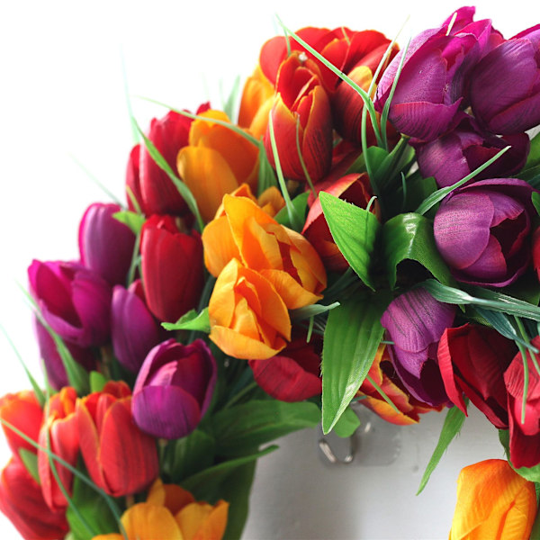 3-farget blomsterkrans 20 tommers tulipan krans blomsterkranser for inngangsdør, vår silkekrans med grønne blader for vindu
